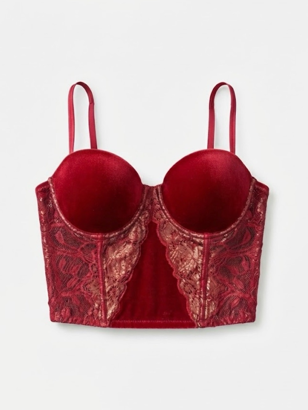 Victoria’s Secret Red Velvet Gold Lace Corset Bustier Top 36C